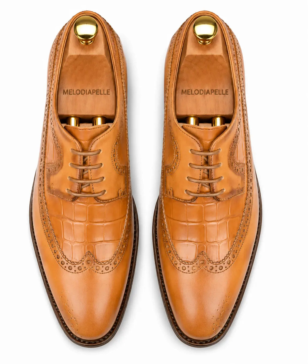 Malcomb Croc-Panel Wingtip Derby for Men - Goodyear Welted Leather Shoes