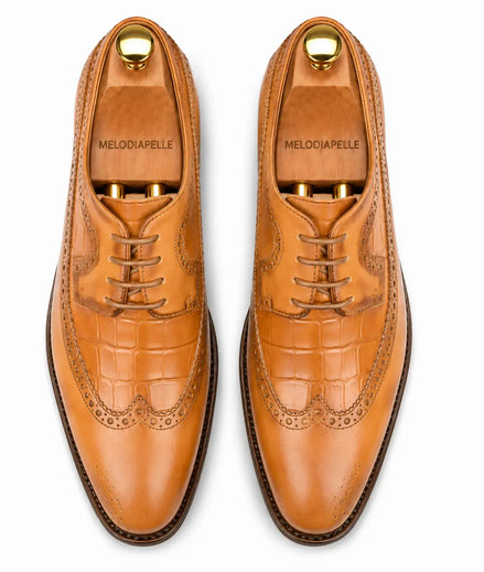 Malcomb Croc-Panel Wingtip Derby for Men - Goodyear Welted Leather Shoes