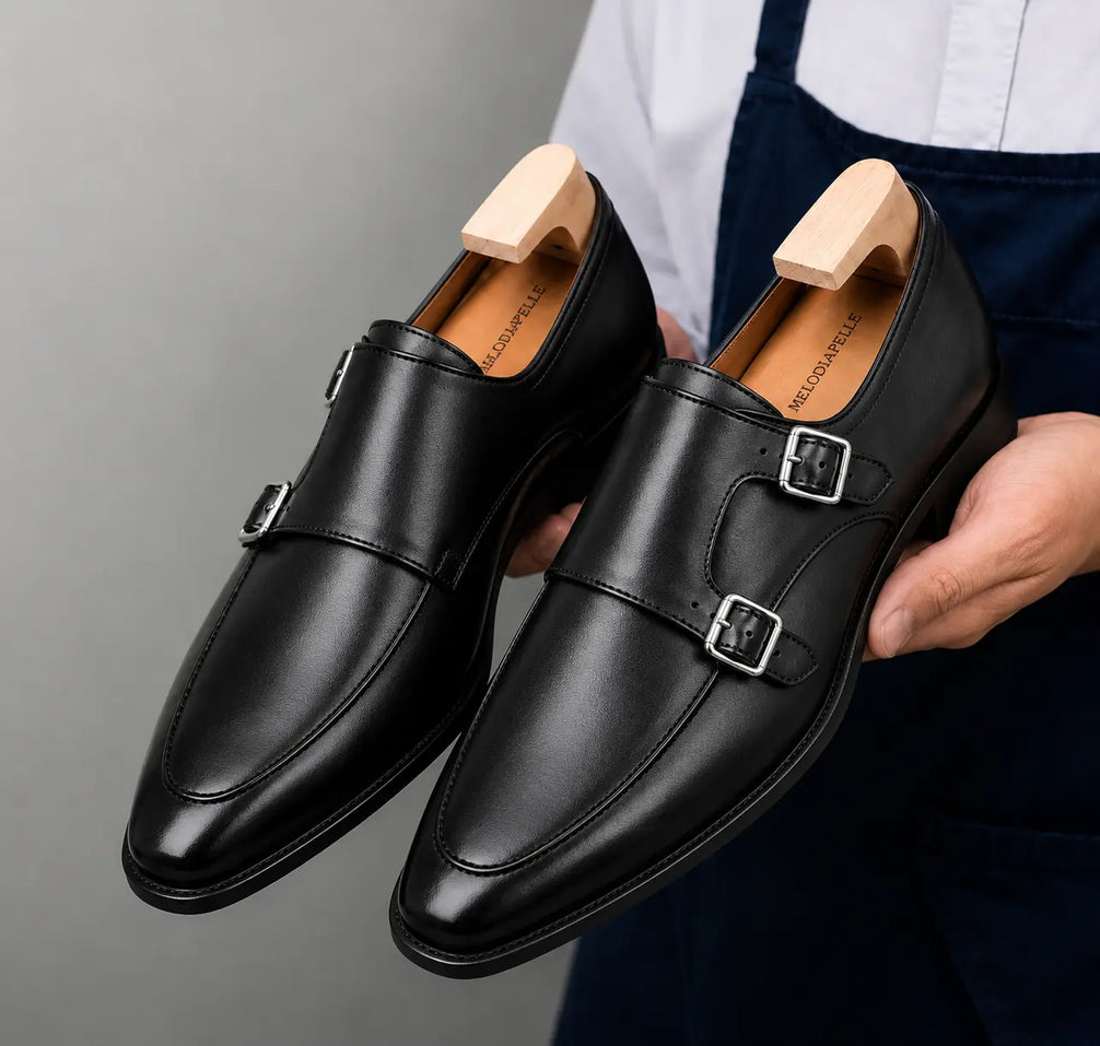 Mortimer Apron-Toe Double Monk Strap for Men - Burnished Leather Shoes