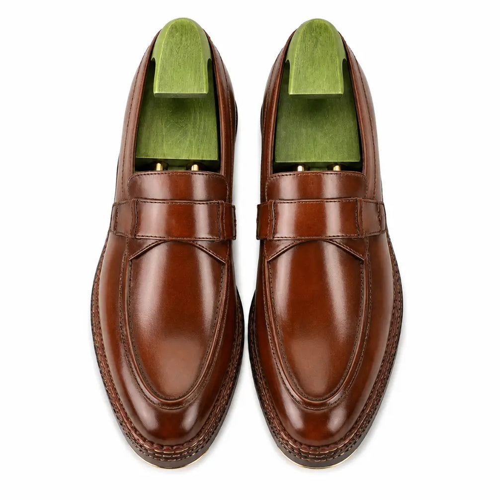 Marquis Braided-Welt Dress Penny Loafer for Men - Handmade Block-Heel Leather Shoes