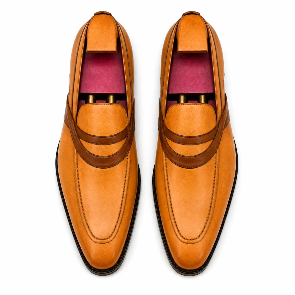 Mirasol Two-Tone Crossed-Strap Dress Loafer for Men - Hand-Patina Leather Shoes