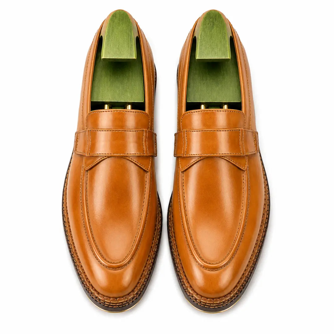 Marquis Braided-Welt Dress Penny Loafer for Men - Handmade Block-Heel Leather Shoes