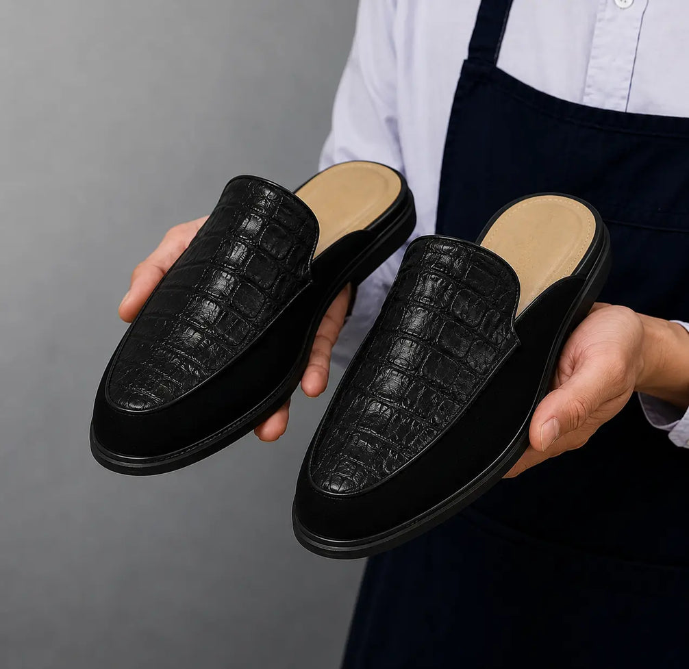 Maratea Croc-Panel Suede Mule for Men - Two-Material Backless Slip-On Shoes