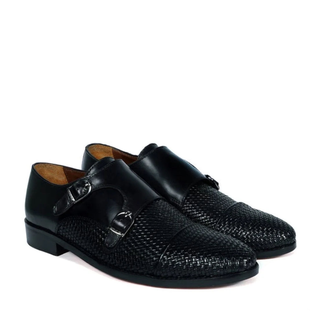 Mojacar Woven-Vamp Double Monk Strap for Men - Hand-Woven Leather Dress Shoes