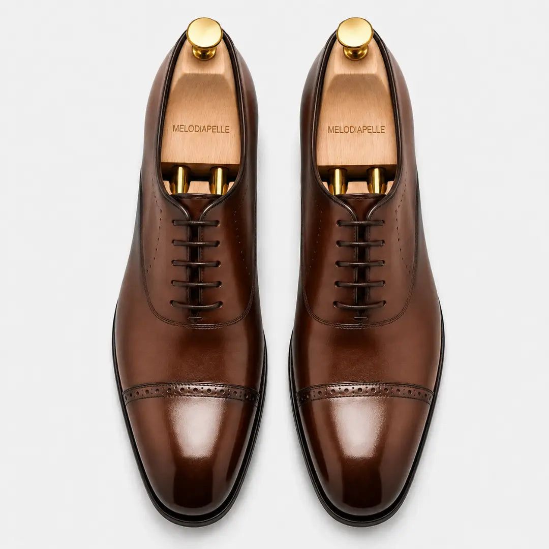 Marcello Burnished Semi-Brogue Cap-Toe Oxford for Men - Goodyear Welted Formal Shoes
