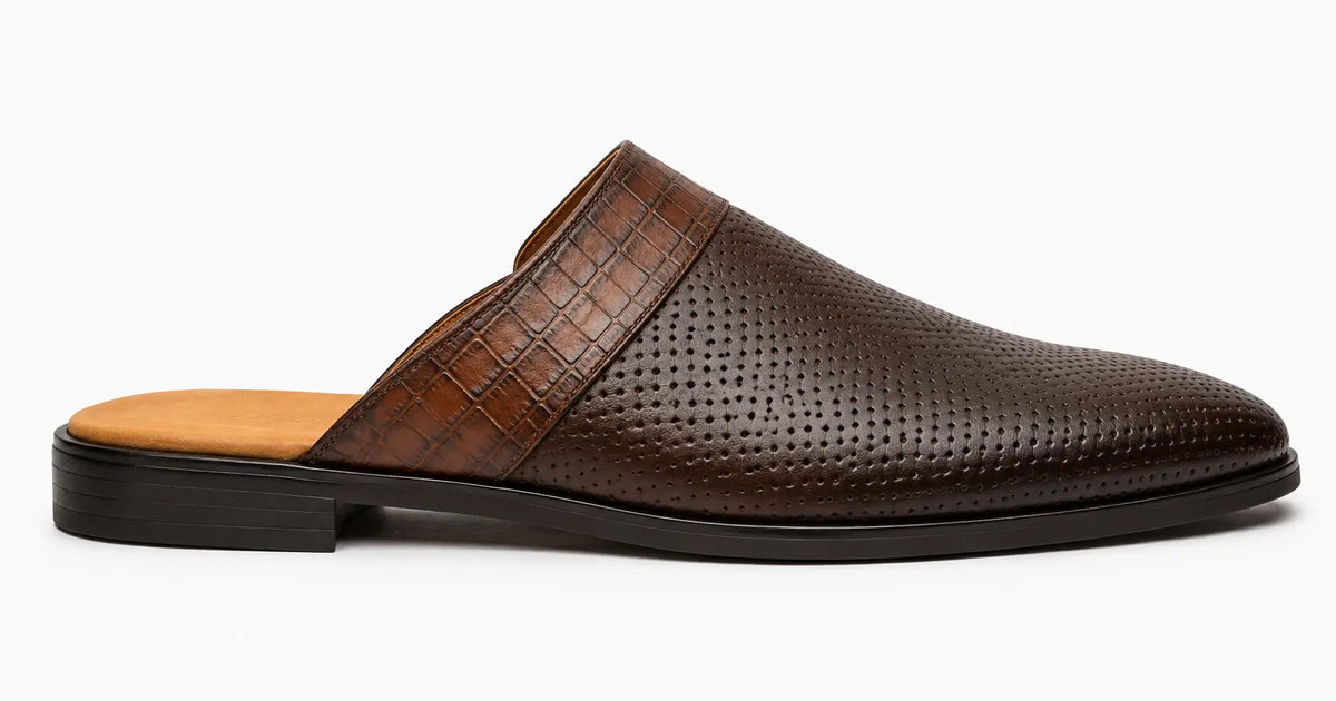 Molise Croc-Panel Perforated Mule for Men - Backless Open-Heel Leather Shoes