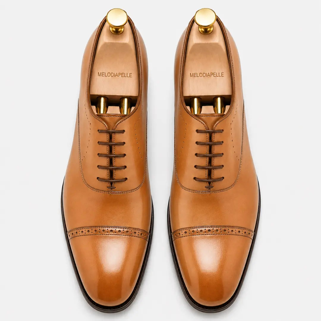 Marcello Burnished Semi-Brogue Cap-Toe Oxford for Men - Goodyear Welted Formal Shoes