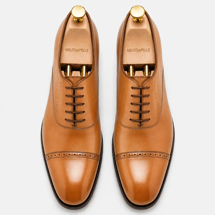 Marcello Burnished Semi-Brogue Cap-Toe Oxford for Men - Goodyear Welted Formal Shoes