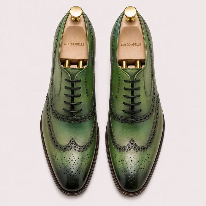 Mossverde Hand-Patina Wingtip Brogue Oxford for Men - Goodyear Welted Leather Shoes