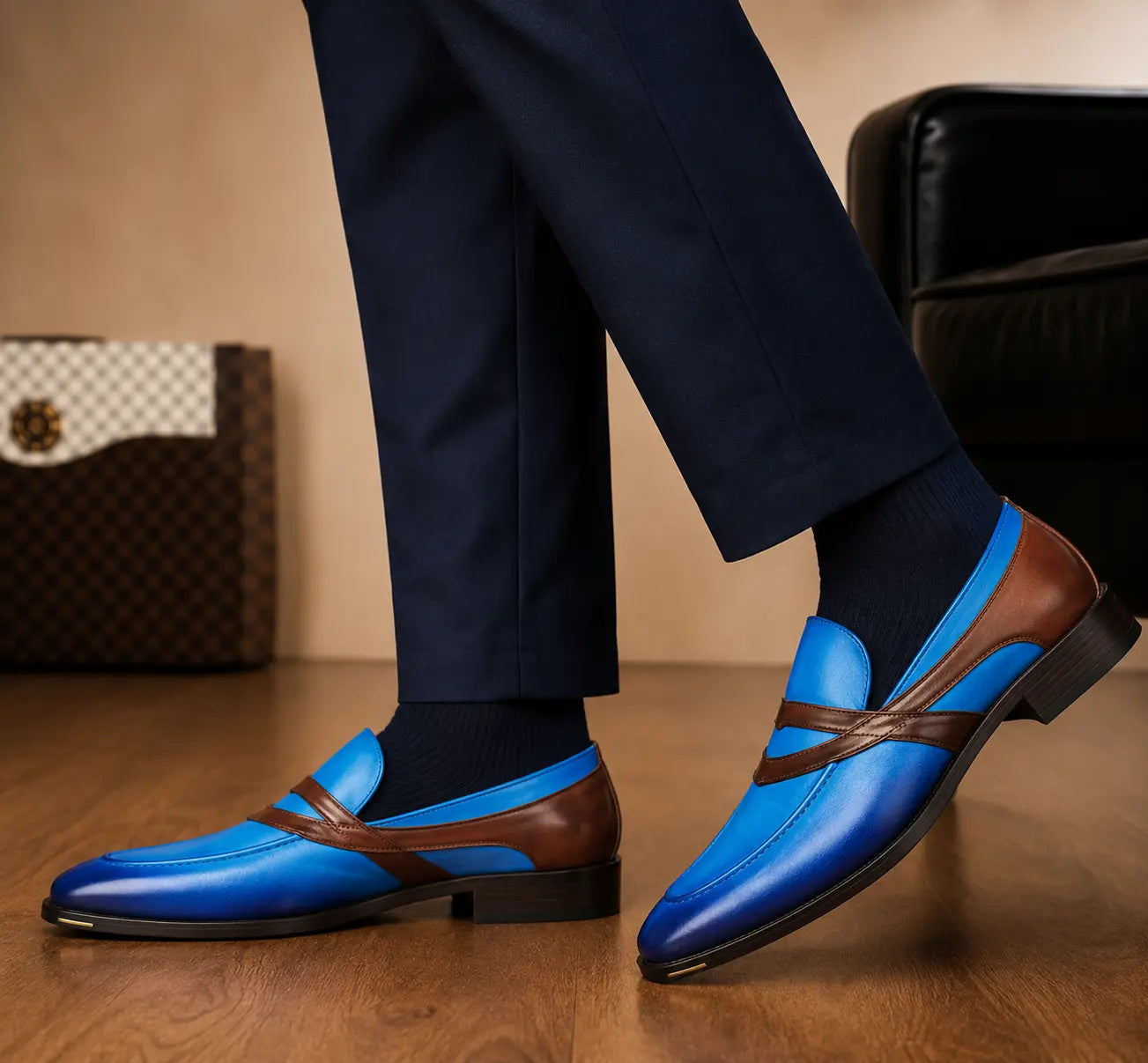 Mirasol Two-Tone Crossed-Strap Dress Loafer for Men - Hand-Patina Leather Shoes