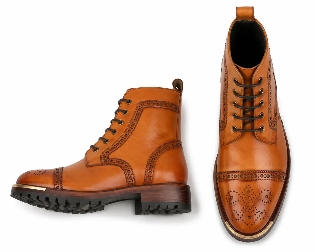 Mendoza Full-Brogue Cap-Toe Boot for Men - Handmade Leather Lace-Up Boots