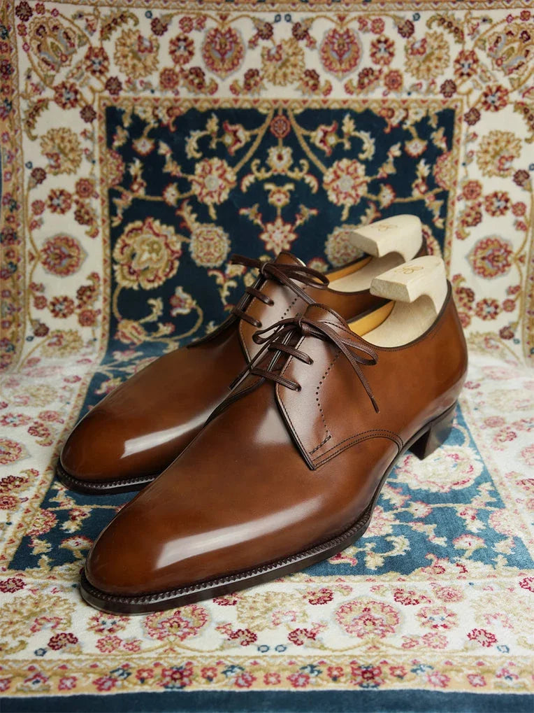 Modugno Glossy Plain-Toe Derby for Men - Hand-Polished Leather Dress Shoes