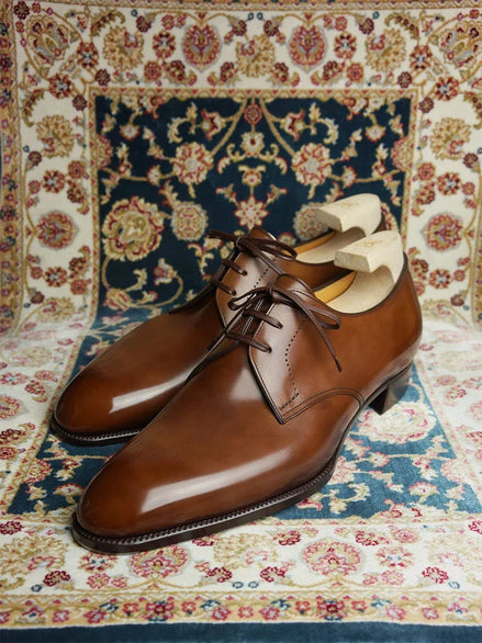 Modugno Glossy Plain-Toe Derby for Men - Hand-Polished Leather Dress Shoes