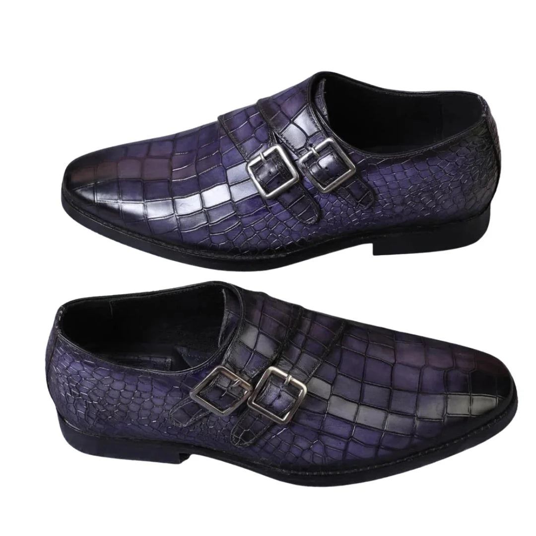 Moissac Croc-Embossed Patina Double Monk Strap for Men - Hand-Burnished Party Wear Shoes