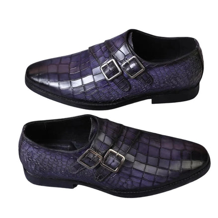 Moissac Croc-Embossed Patina Double Monk Strap for Men - Hand-Burnished Party Wear Shoes