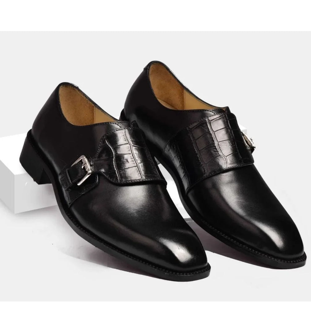 Mestre Croc-Band Plain-Toe Single Monk Strap for Men - Two-Texture Leather Dress Shoes