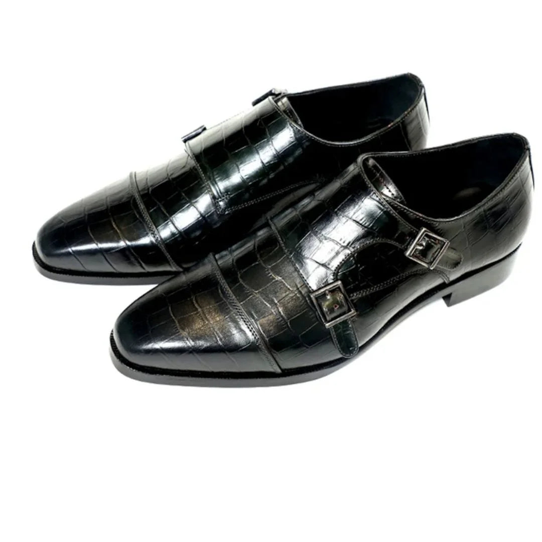 Martigues Croc-Embossed Cap-Toe Double Monk Strap for Men - Polished Leather Party Shoes