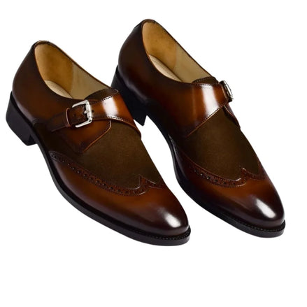 Minori Suede-Wing Single Monk Strap for Men - Two-Material Brogue Dress Shoes