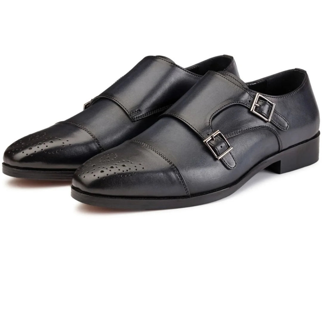 Manosque Quarter-Brogue Double Monk Strap for Men - Matte Leather Office Shoes