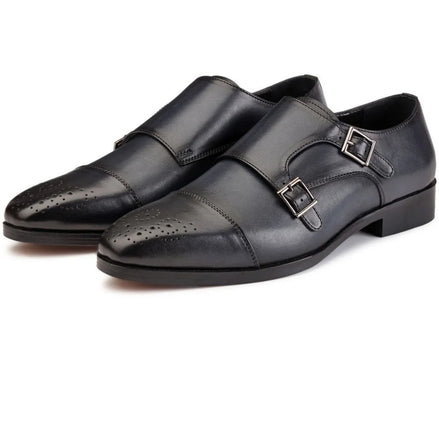 Manosque Quarter-Brogue Double Monk Strap for Men - Matte Leather Office Shoes