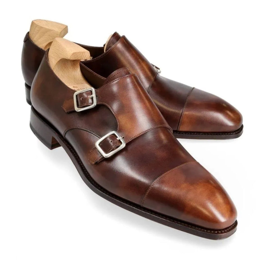 Montargis Antiqued Cap-Toe Double Monk Strap for Men - Hand-Burnished Leather Dress Shoes