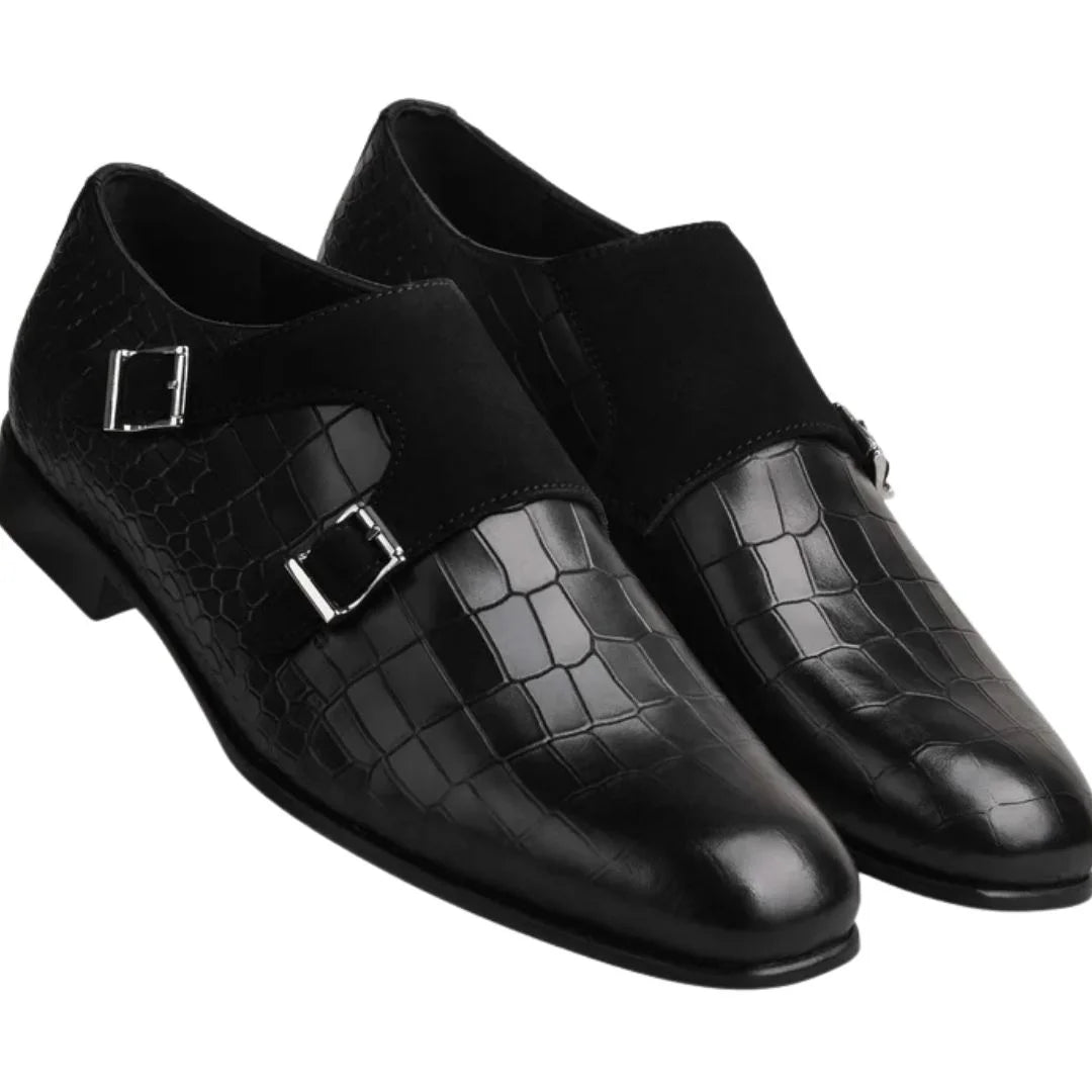 Marsanne Croc-Front Suede-Back Double Monk Strap for Men - Textured Leather Evening Shoes