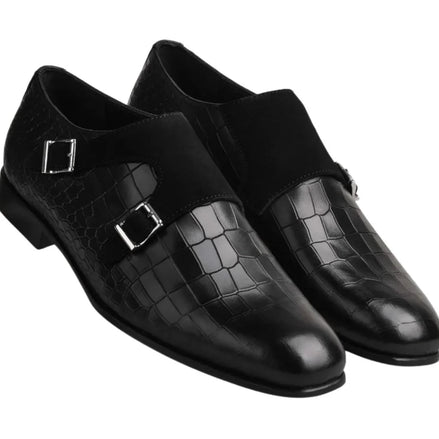 Marsanne Croc-Front Suede-Back Double Monk Strap for Men - Textured Leather Evening Shoes