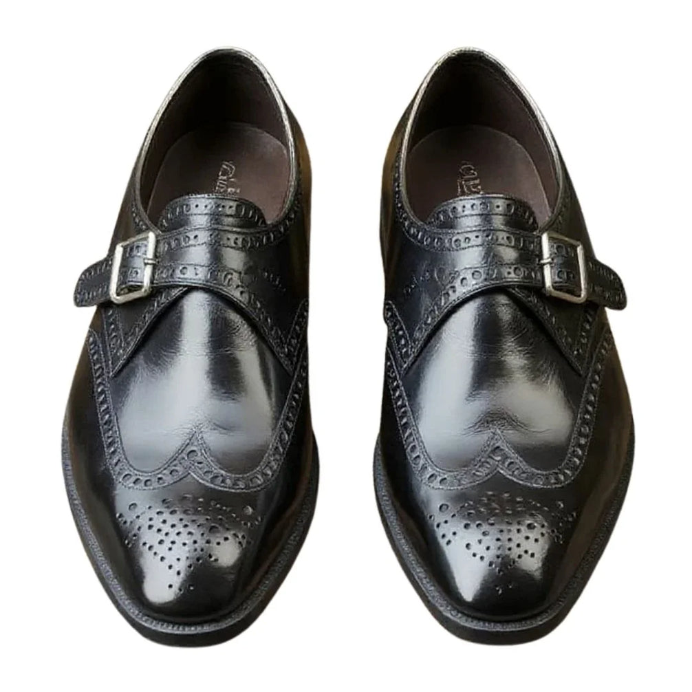 Moncalieri Double-Row Wingtip Single Monk Strap for Men - Perforated Leather Dress Shoes