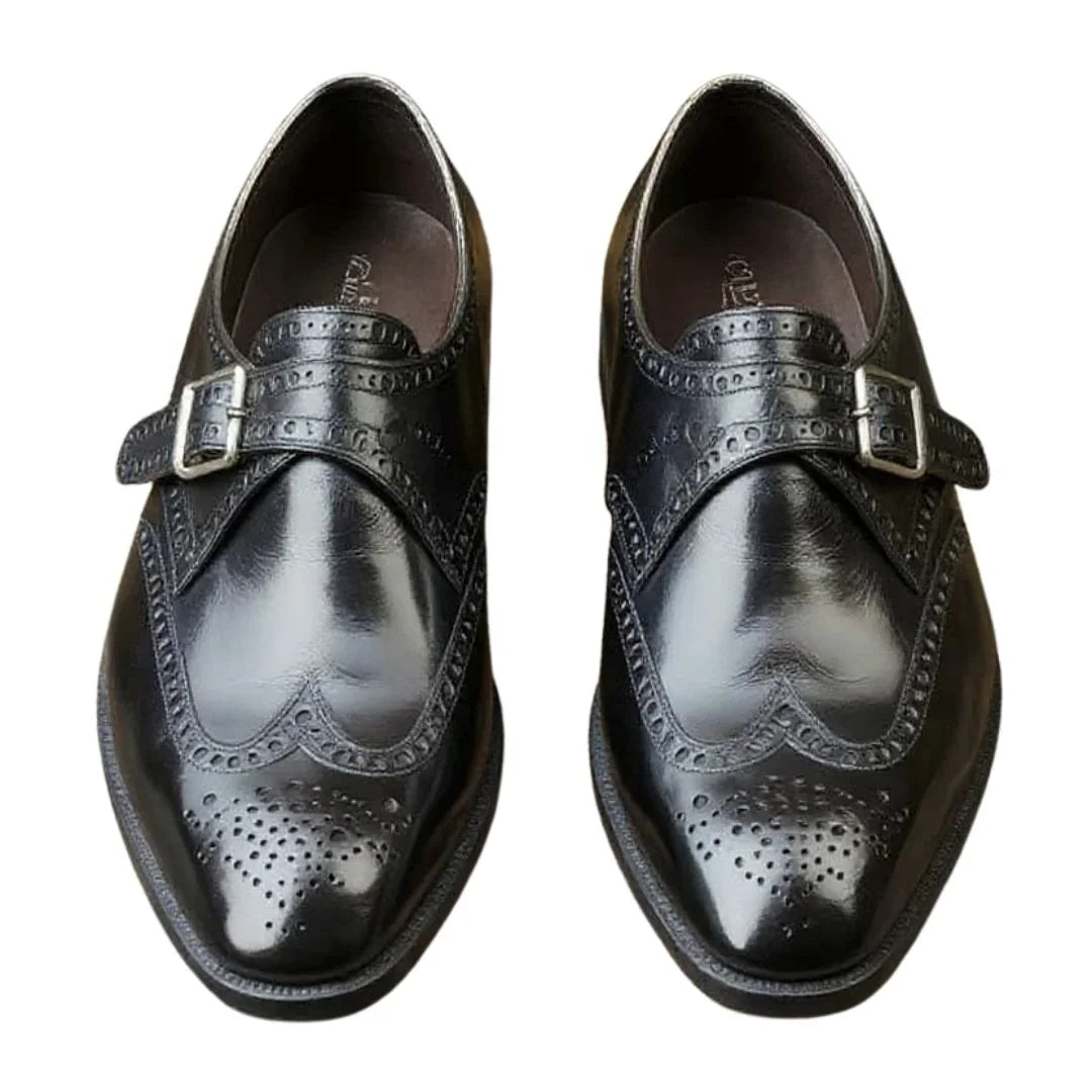Moncalieri Double-Row Wingtip Single Monk Strap for Men - Perforated Leather Dress Shoes