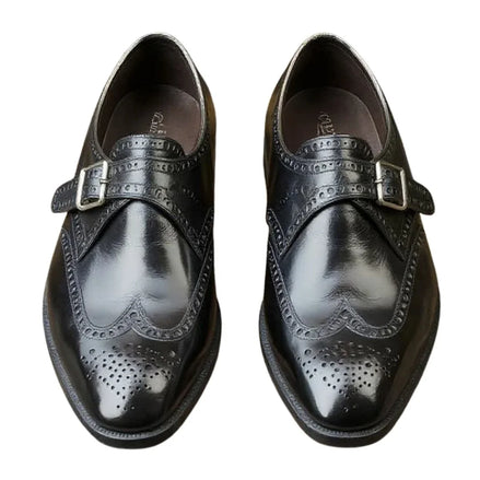 Moncalieri Double-Row Wingtip Single Monk Strap for Men - Perforated Leather Dress Shoes
