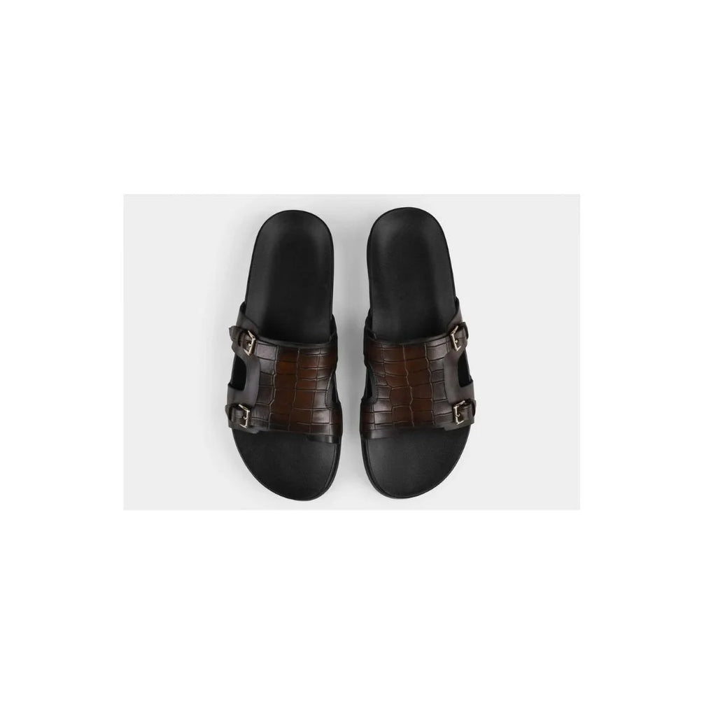 Monolithos Monk-Buckle Slide for Men - Croc-Band Leather Slides