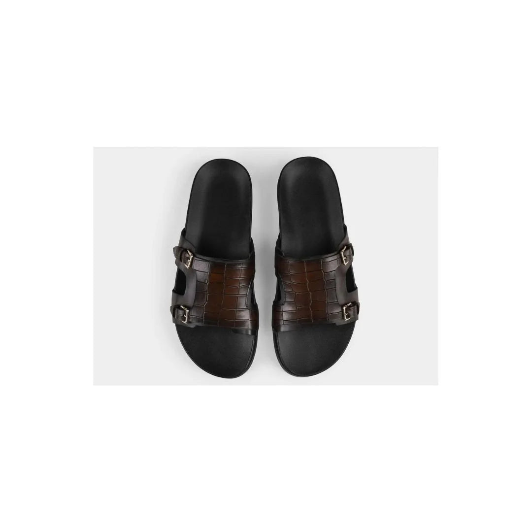 Monolithos Monk-Buckle Slide for Men - Croc-Band Leather Slides