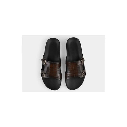 Monolithos Monk-Buckle Slide for Men - Croc-Band Leather Slides