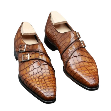 Mazamet Crossed-Strap Croc Double Monk Strap for Men - Croc-Embossed Leather Statement Shoes