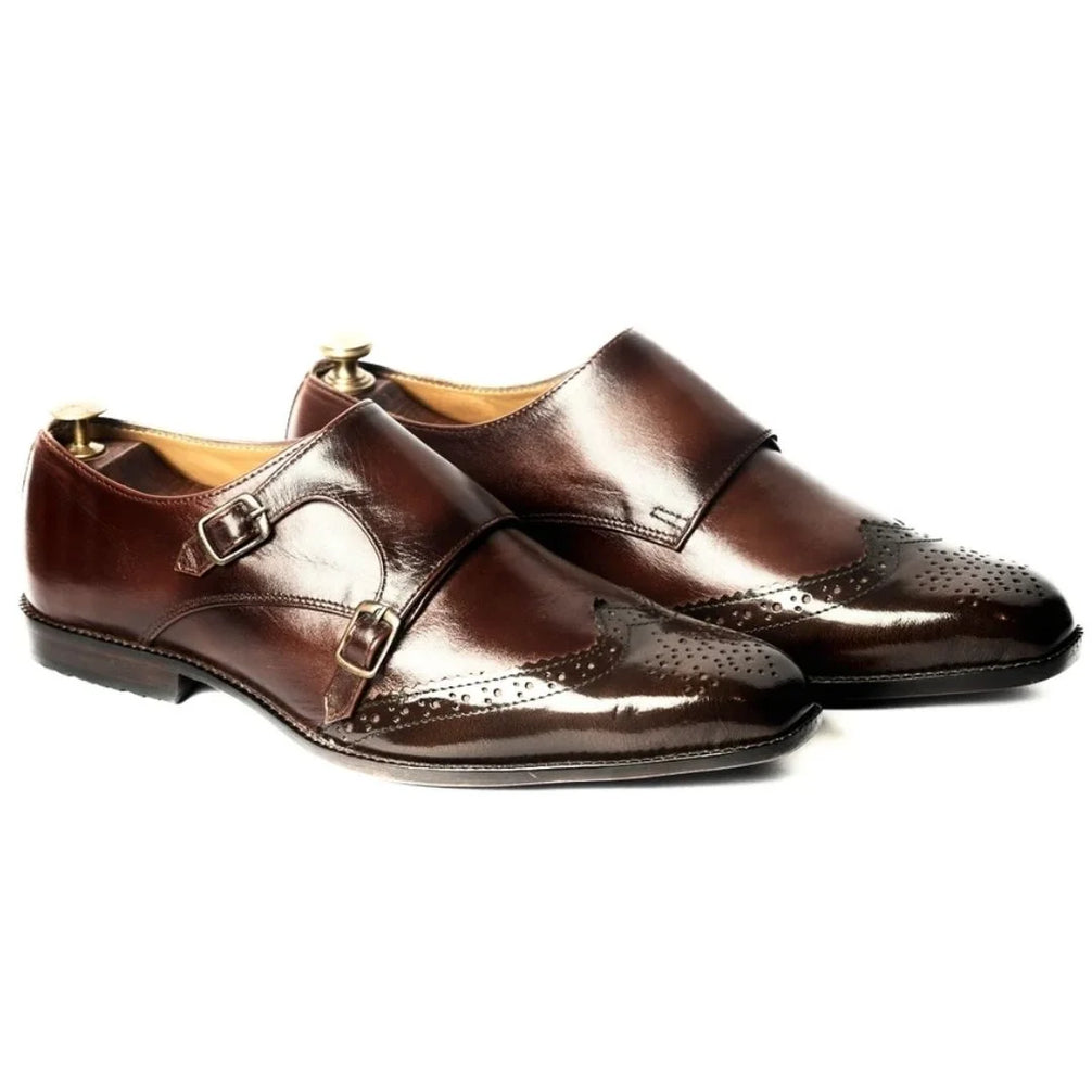 Murat Burnished Wingtip Double Monk Strap for Men - Brogue Leather Dress Shoes