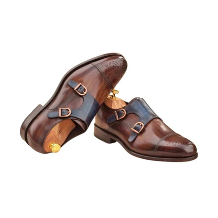 Mende Contrast-Strap Cap-Toe Double Monk Strap for Men - Two-Tone Leather Dress Shoes