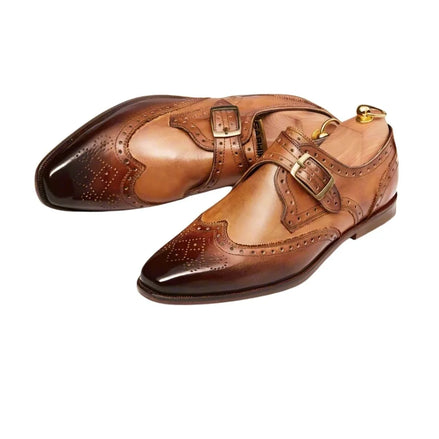 Monselice Two-Tone Full-Brogue Single Monk Strap for Men - Burnished Wingtip Dress Shoes
