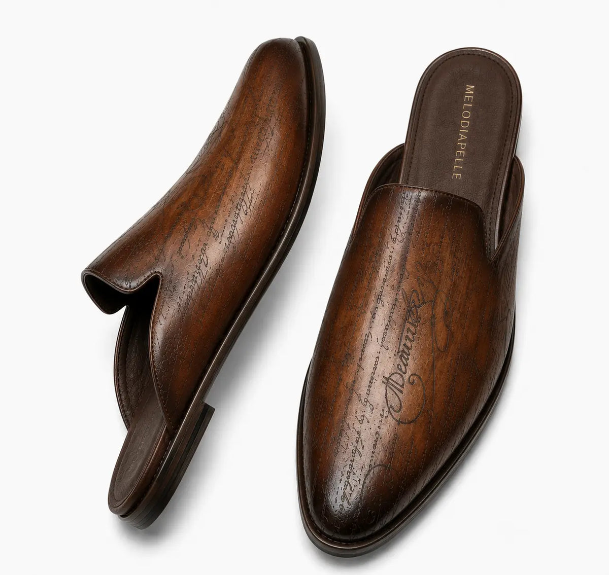 Mazzarino Hand-Inscribed Script Mule for Men - Backless Leather Slip-On Shoes