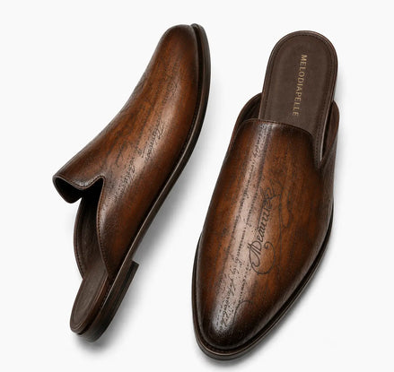 Mazzarino Hand-Inscribed Script Mule for Men - Backless Leather Slip-On Shoes