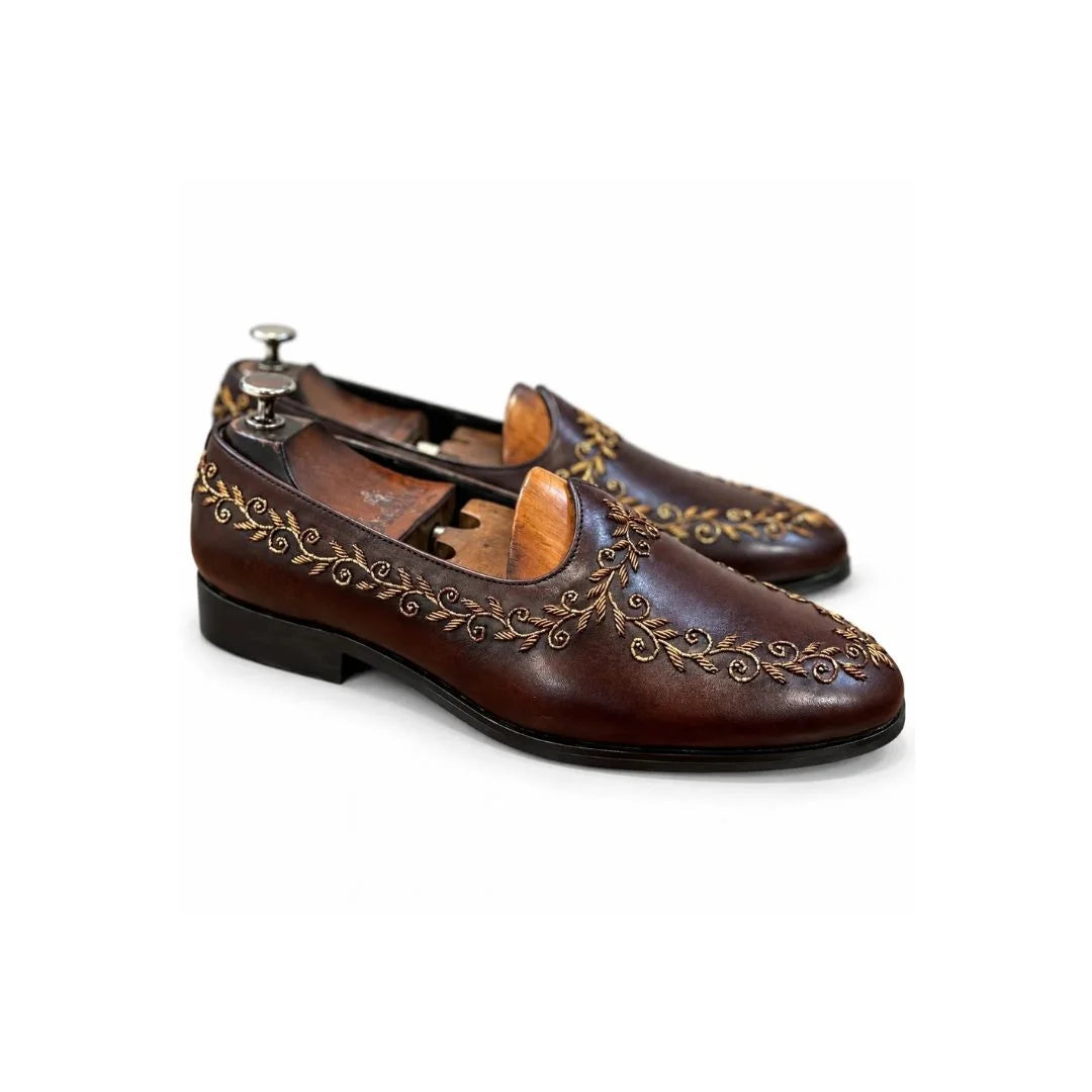 Mandore Zardozi-Vine Leather Ethnic Loafer for Men - Hand-Embroidered Wedding Loafers