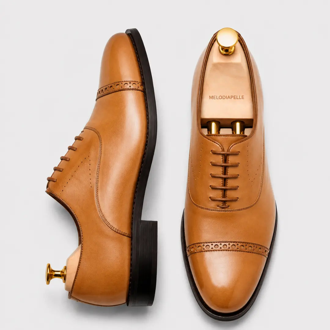Marcello Burnished Semi-Brogue Cap-Toe Oxford for Men - Goodyear Welted Formal Shoes