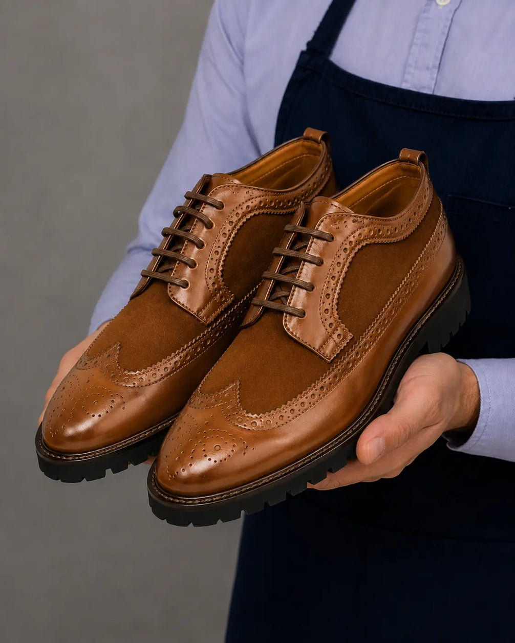 Mosaic Leather & Suede Wingtip Derby for Men - Goodyear Welted Lug-Sole Shoes