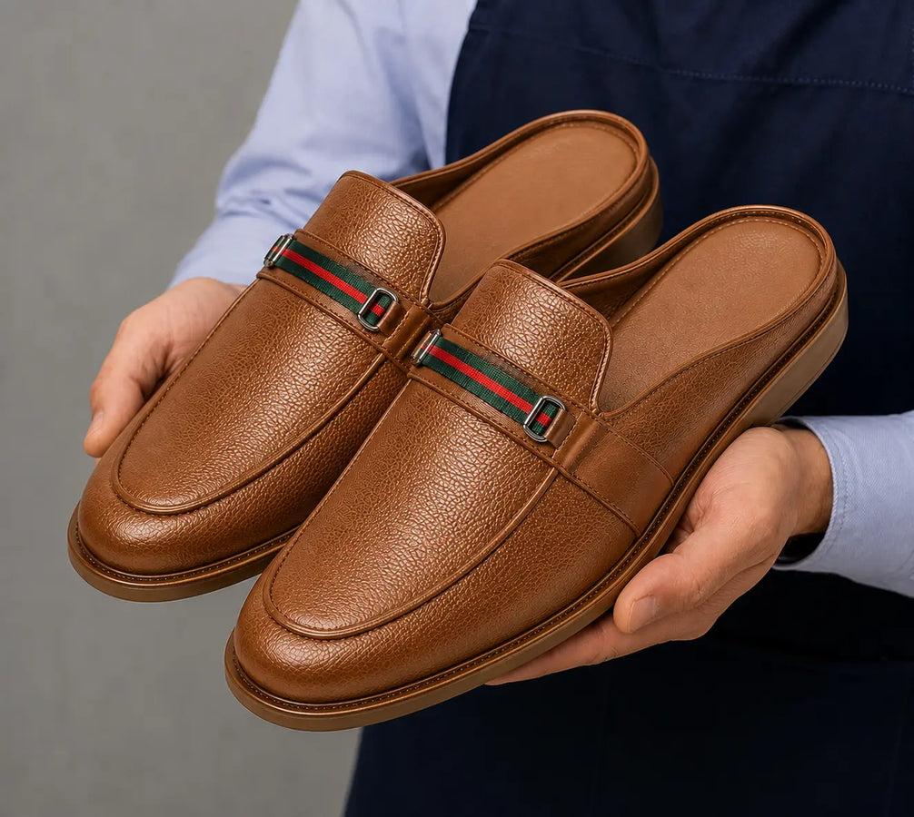 Mirepoix Web-Stripe Grained Mule for Men - Backless Block-Heel Shoes