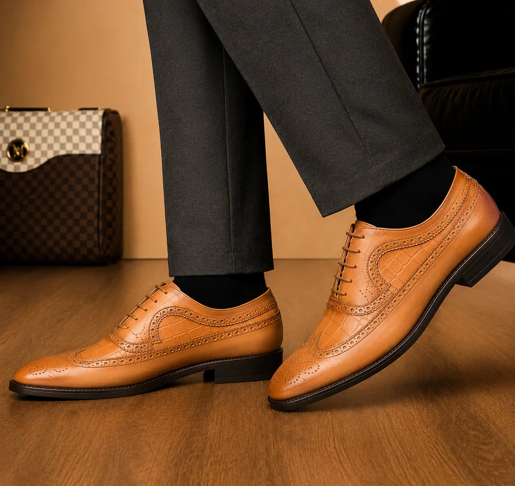 Malcomb Croc-Panel Wingtip Derby for Men - Goodyear Welted Leather Shoes