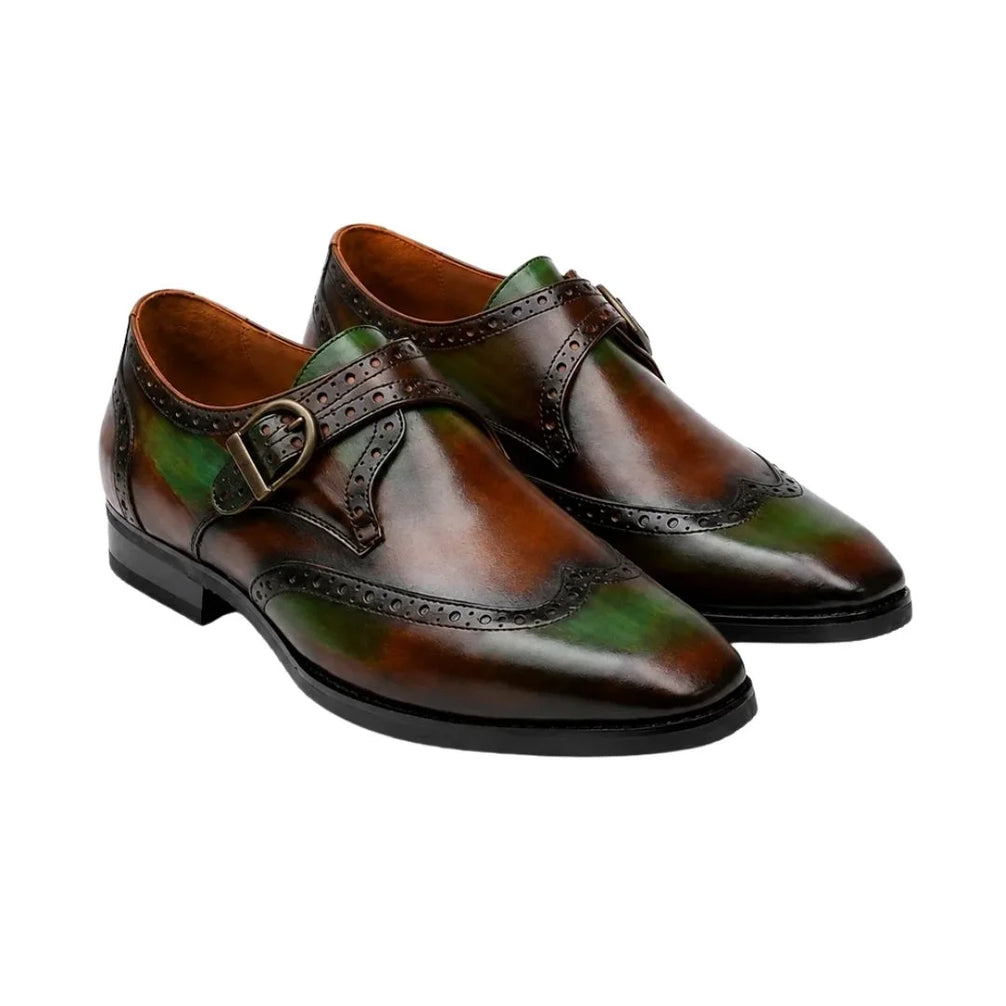 Maderno Patina Wingtip Single Monk Strap for Men - Hand-Painted Brogue Dress Shoes