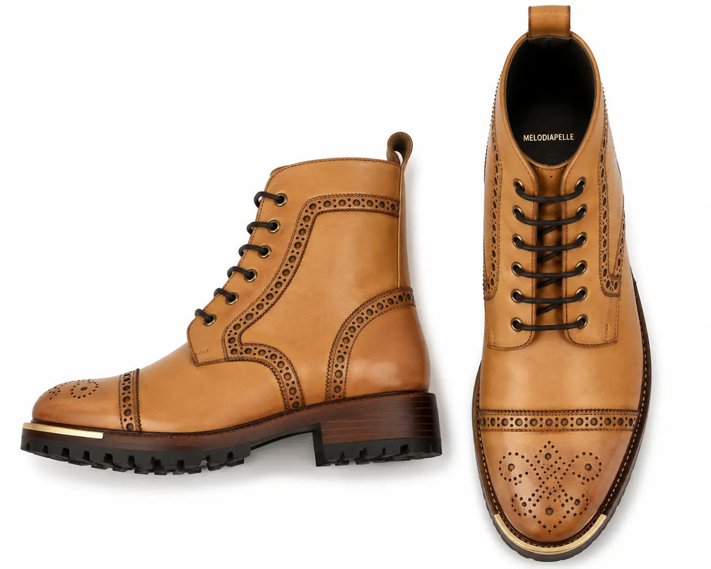 Mendoza Full-Brogue Cap-Toe Boot for Men - Handmade Leather Lace-Up Boots