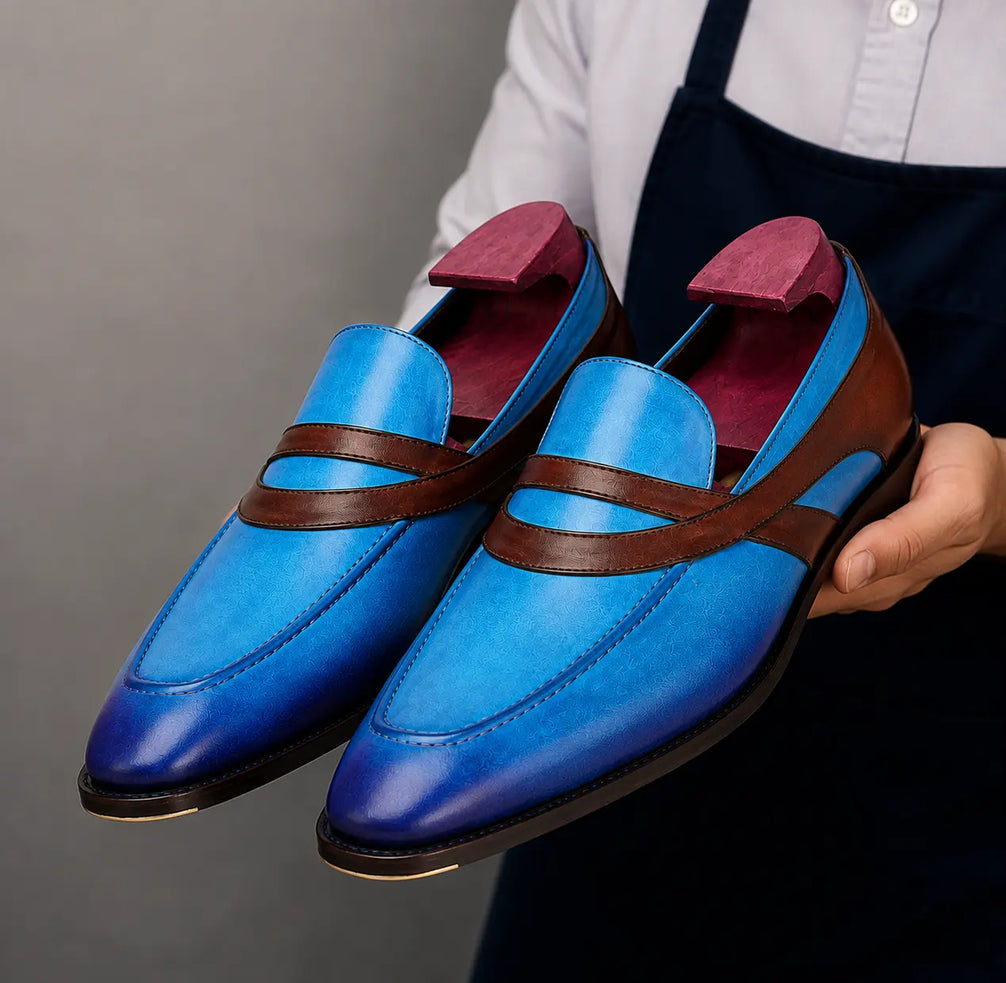 Mirasol Two-Tone Crossed-Strap Dress Loafer for Men - Hand-Patina Leather Shoes