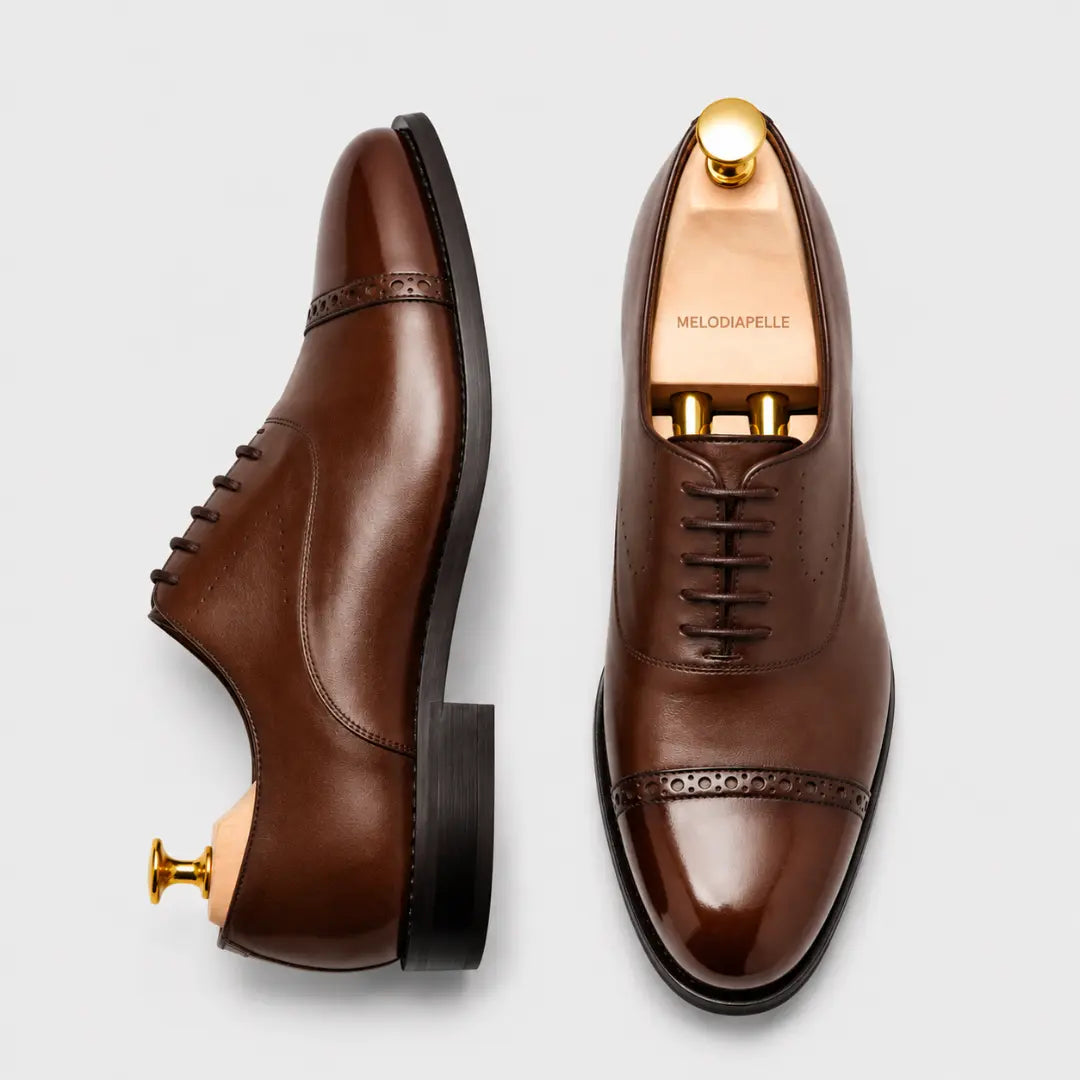 Marcello Burnished Semi-Brogue Cap-Toe Oxford for Men - Goodyear Welted Formal Shoes