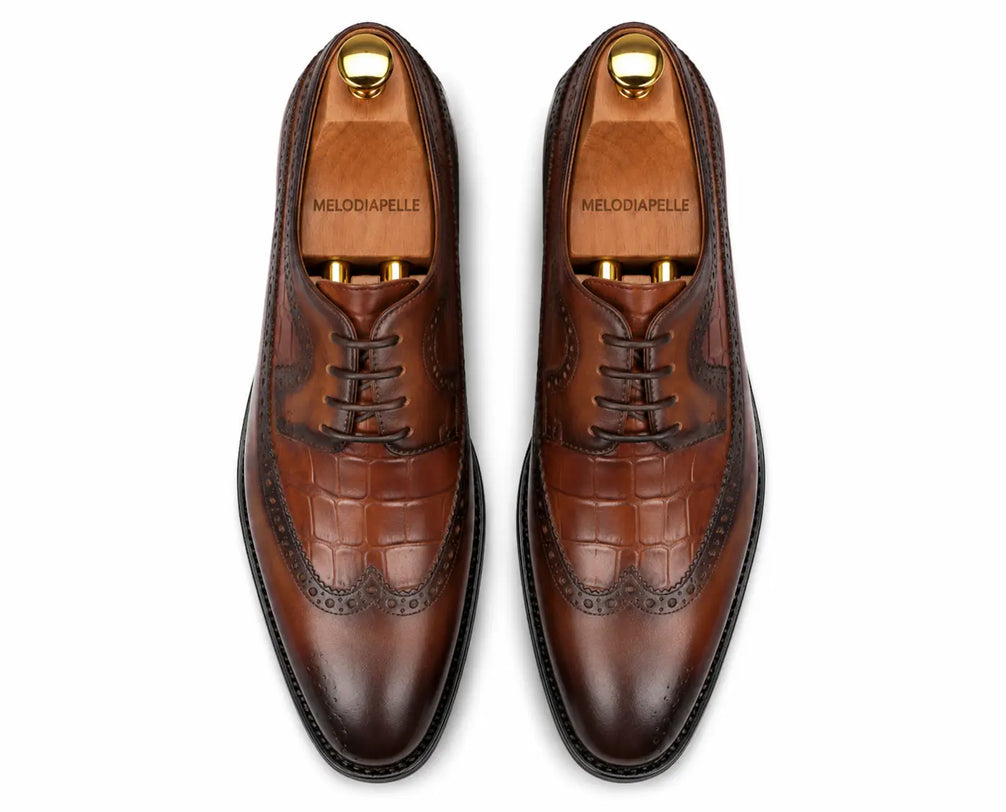 Malcomb Croc-Panel Wingtip Derby for Men - Goodyear Welted Leather Shoes