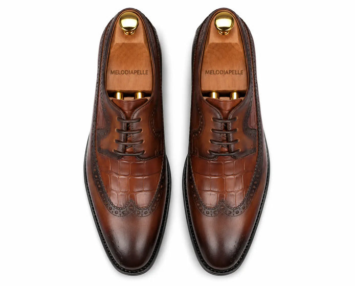 Malcomb Croc-Panel Wingtip Derby for Men - Goodyear Welted Leather Shoes